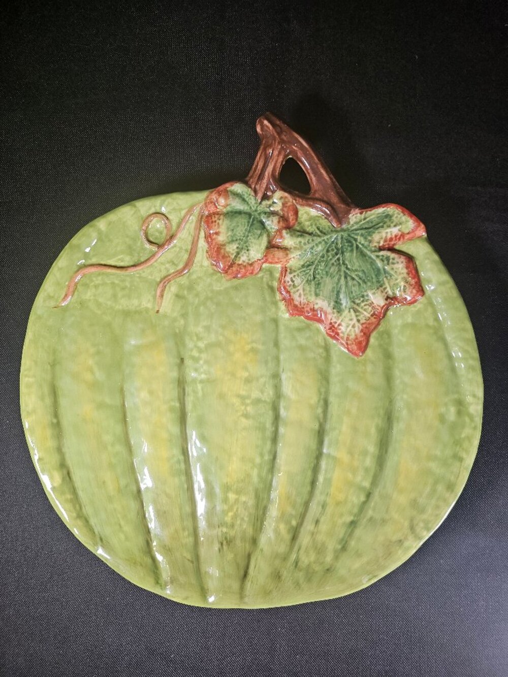 Vintage Ceramic Green Glossy Textured Pumpkin Serving Platter Plate Fall Decor